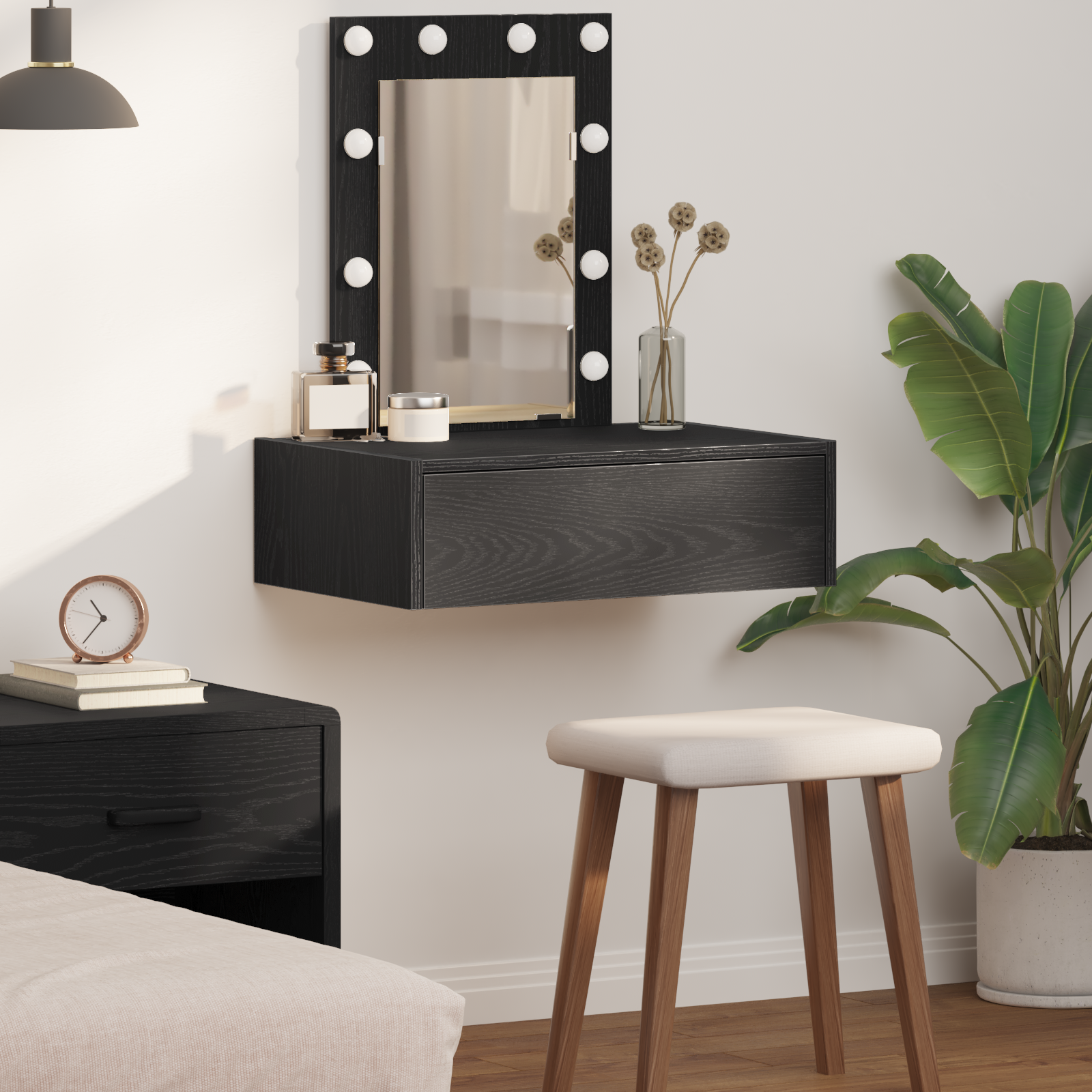 Table de maquillage murale avec lumières LED - Chêne noir