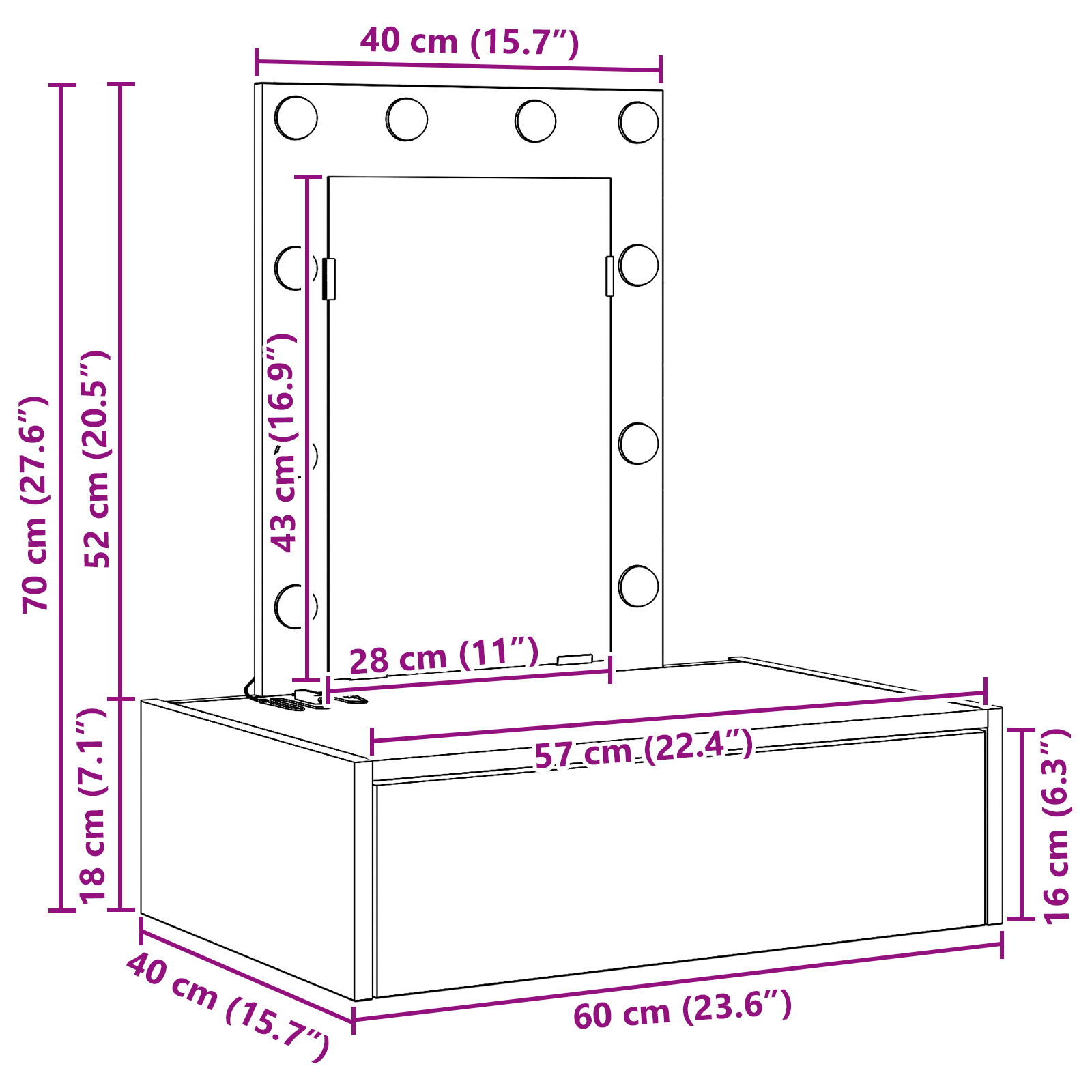 Table de maquillage murale avec lumières LED - Chêne noir