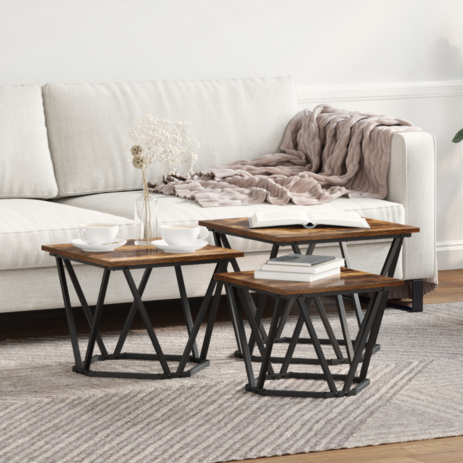 Tables d'appoint vidaXL 3 pcs en bois d'ingénierie chêne fumé