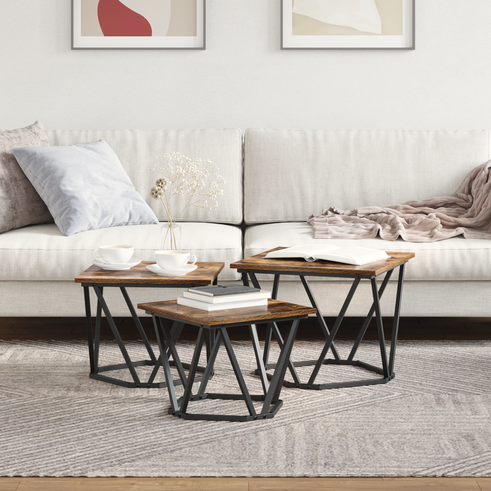 Tables d'appoint vidaXL 3 pcs en bois d'ingénierie chêne fumé