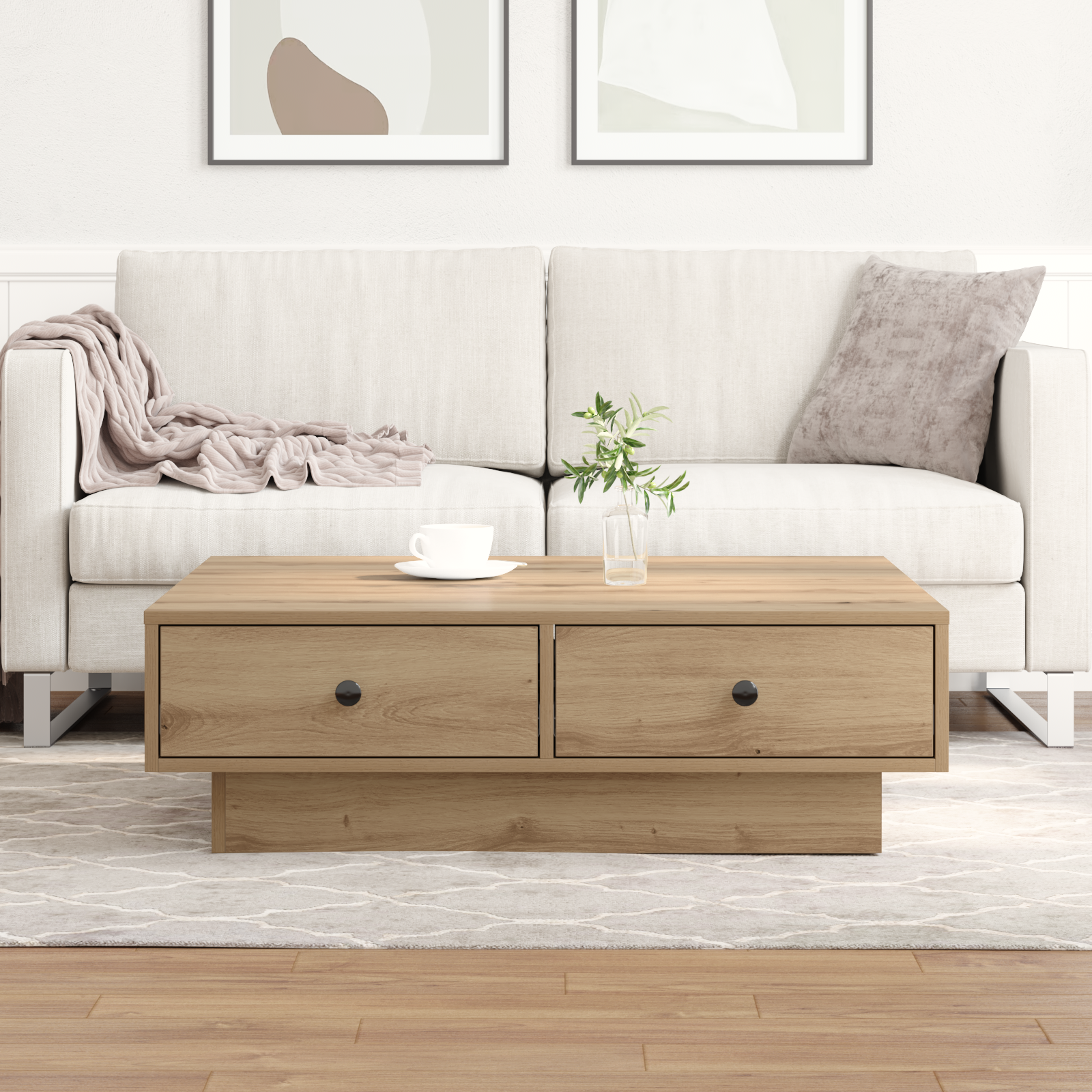 Table Basse Chêne Artisan Placage, MDF 90 x 90 x 28 cm Rangement