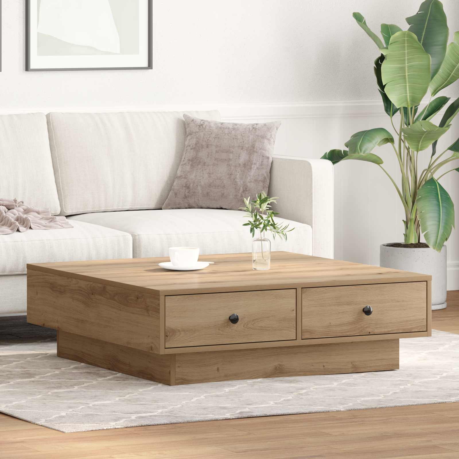 Table Basse Chêne Artisan Placage, MDF 90 x 90 x 28 cm Rangement