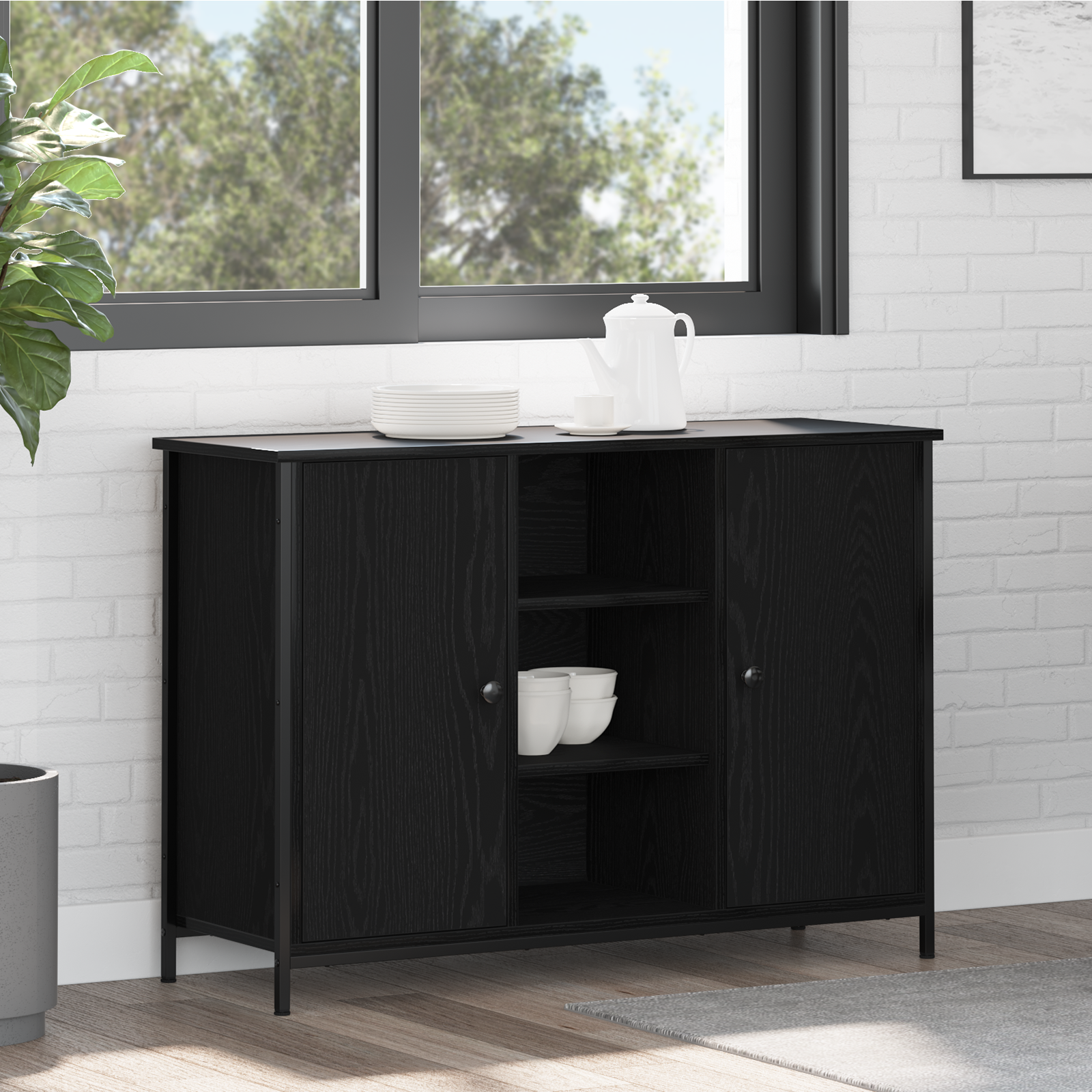 Buffet Chêne Noir 100x35x70 cm Bois d'ingénierie et Acier