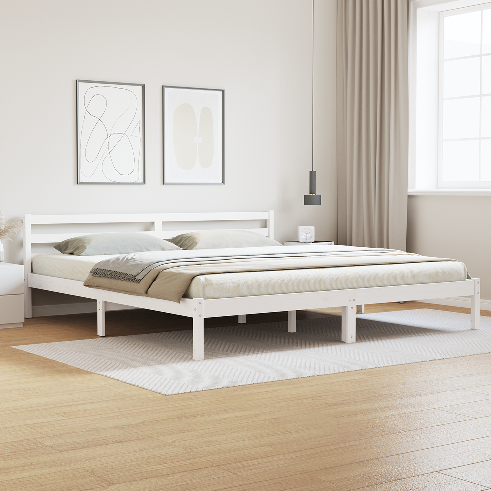 Lit avec Tête de Lit Blanc 200x220 cm en Bois Massif Pin