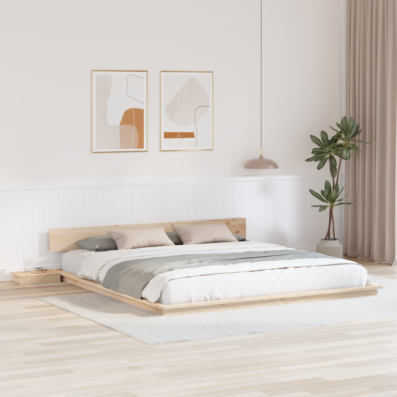 Cadre de lit au sol avec tables de chevet 180x200cm en bois massif