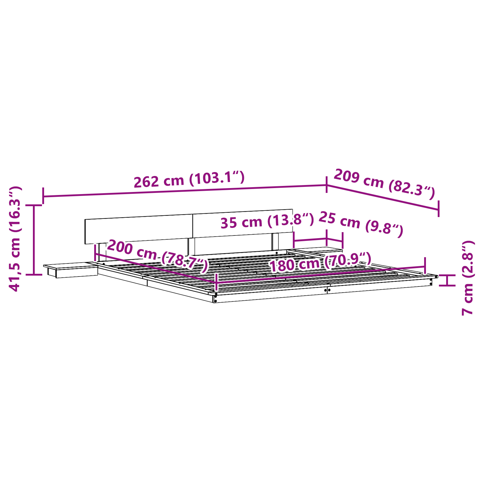 Cadre de lit au sol avec tables de chevet 180x200cm en bois massif