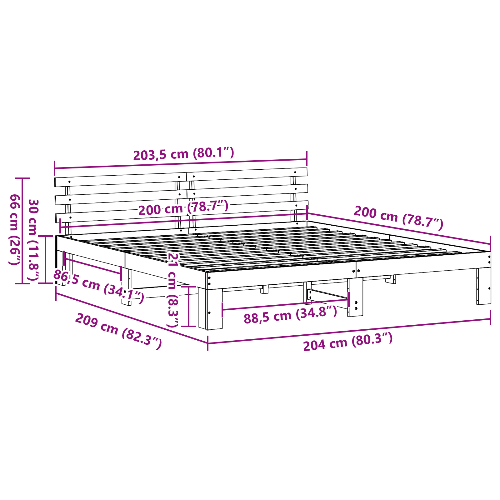 Cadre de Lit Blanc Bois massif 200 x 200 cm Accoudoirs réglables
