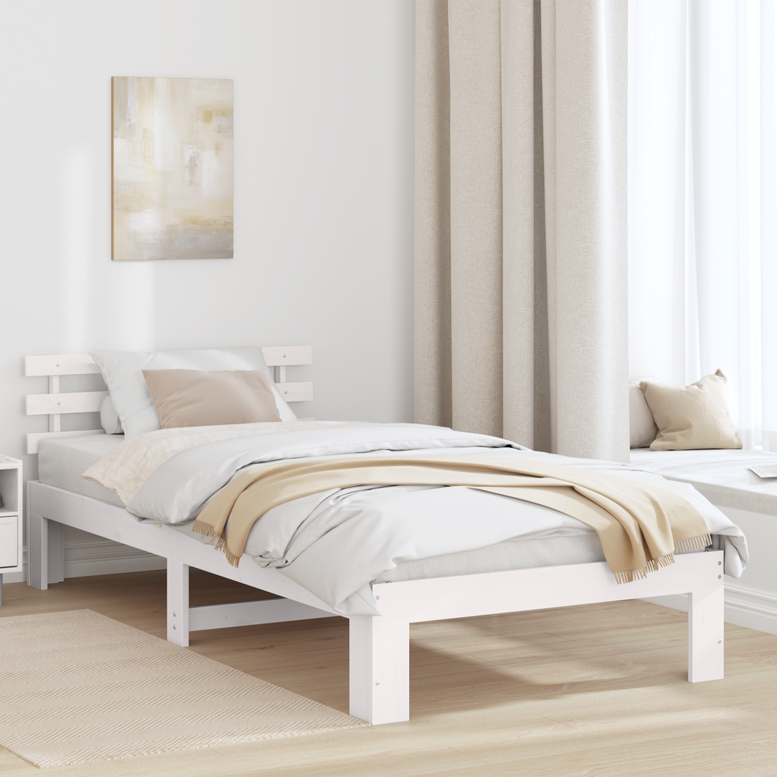 Cadre de lit en bois de pin blanc Blanc Bois massif 90 x 200 cm