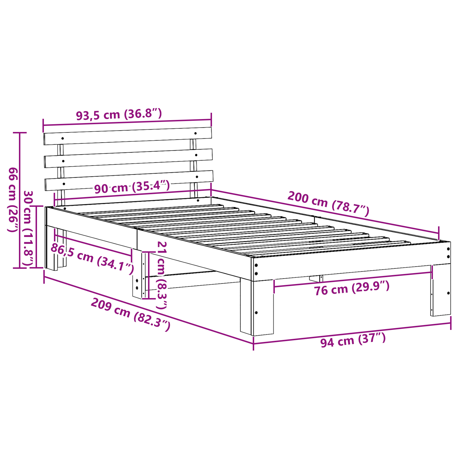Cadre de lit en bois de pin blanc Blanc Bois massif 90 x 200 cm