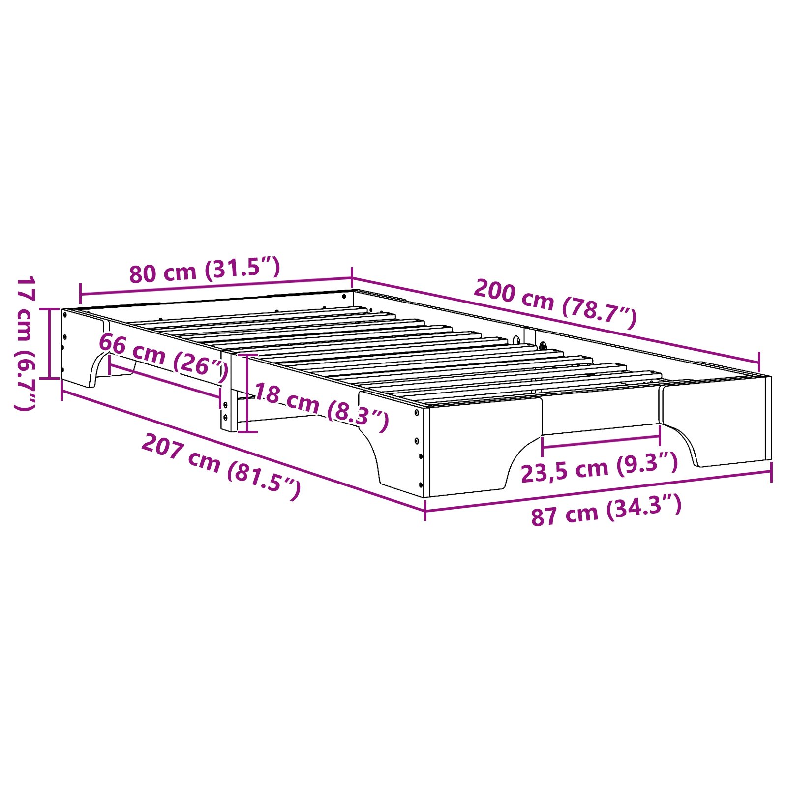 Cadre de lit Naturel Bois de pin massif 80 x 200 cm Durable
