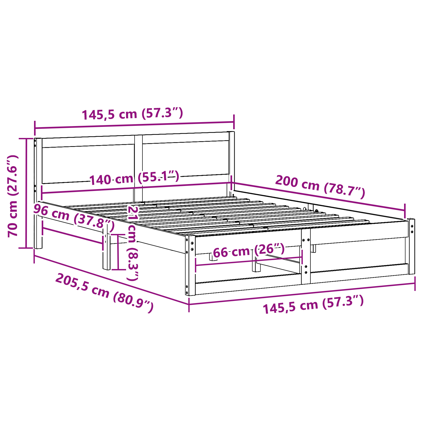 Cadre de Lit Blanc Bois de pin massif 140 x 200 cm Cadre de Lit