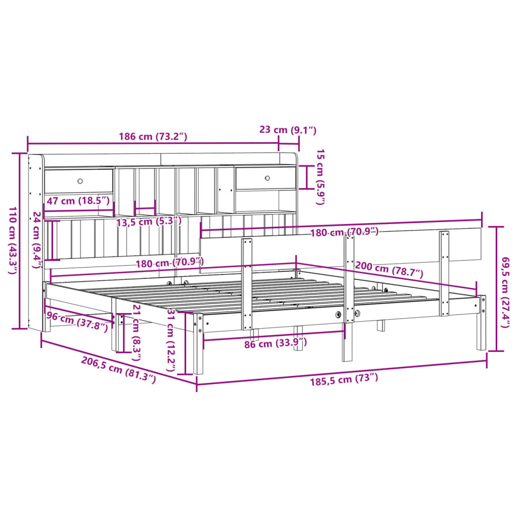 Lit bibliothèque sans matelas 180x200 cm bois massif de pin - XIOS