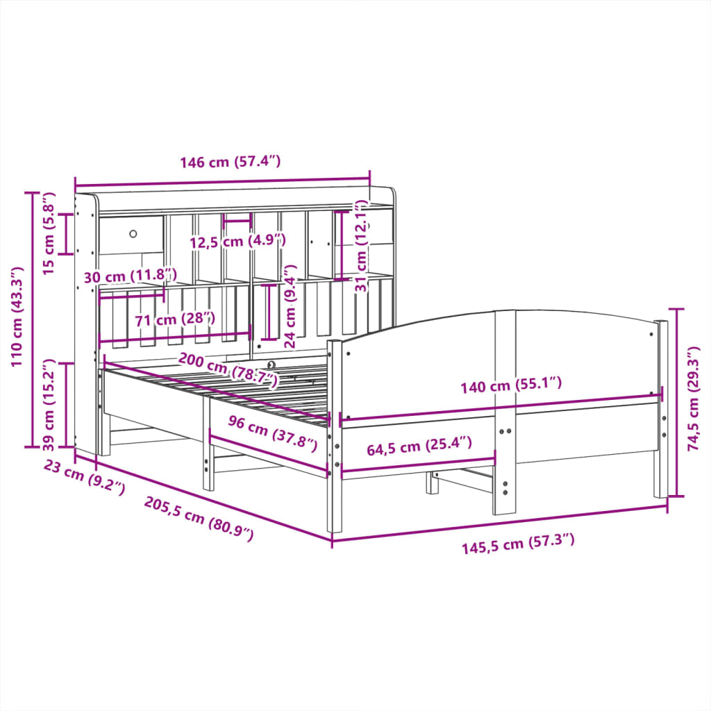 Lit bibliothèque sans matelas blanc 140x200 cm bois pin massif - XIOS