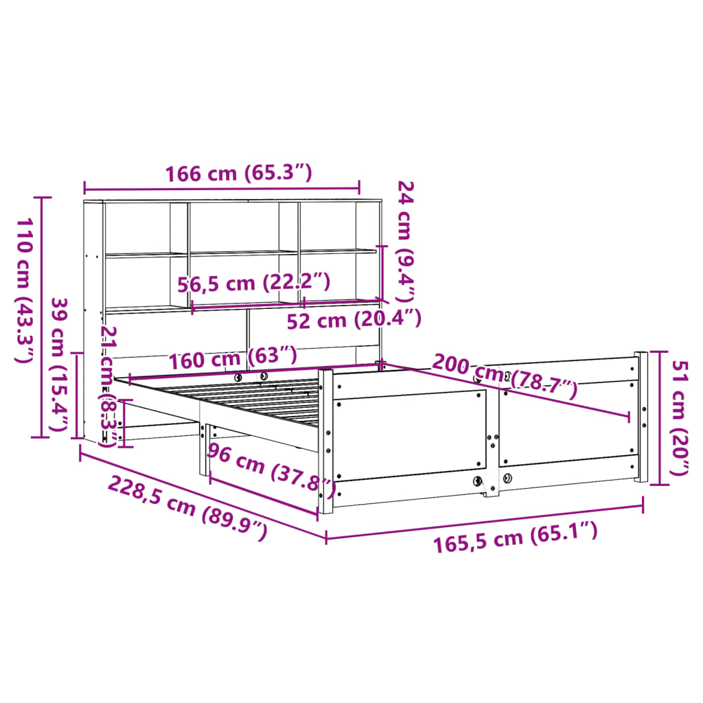Lit bibliothèque sans matelas blanc 160x200 cm bois pin massif - XIOS