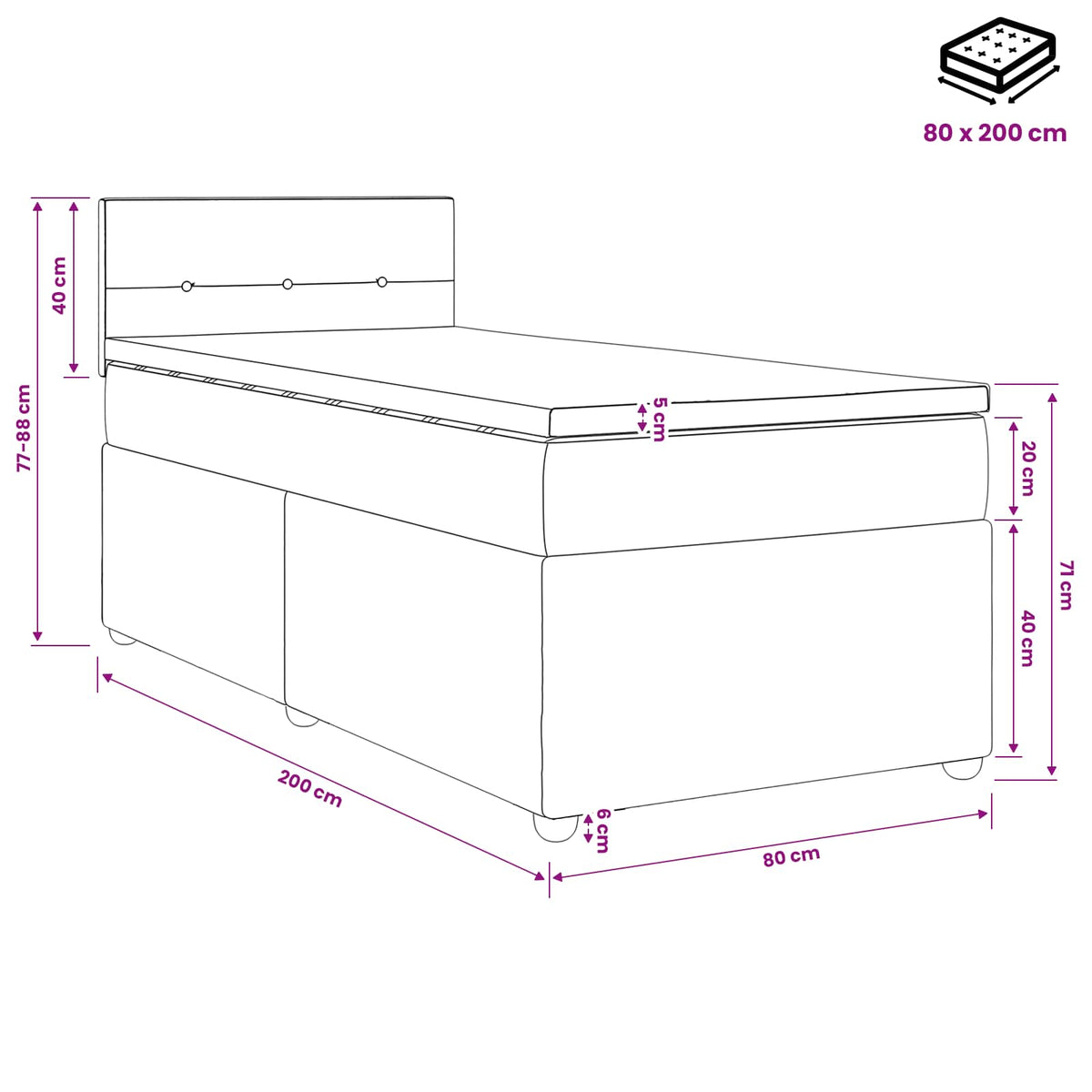 Lit boxspring avec matelas Noir 80 x 200 cm Velours - XIOS