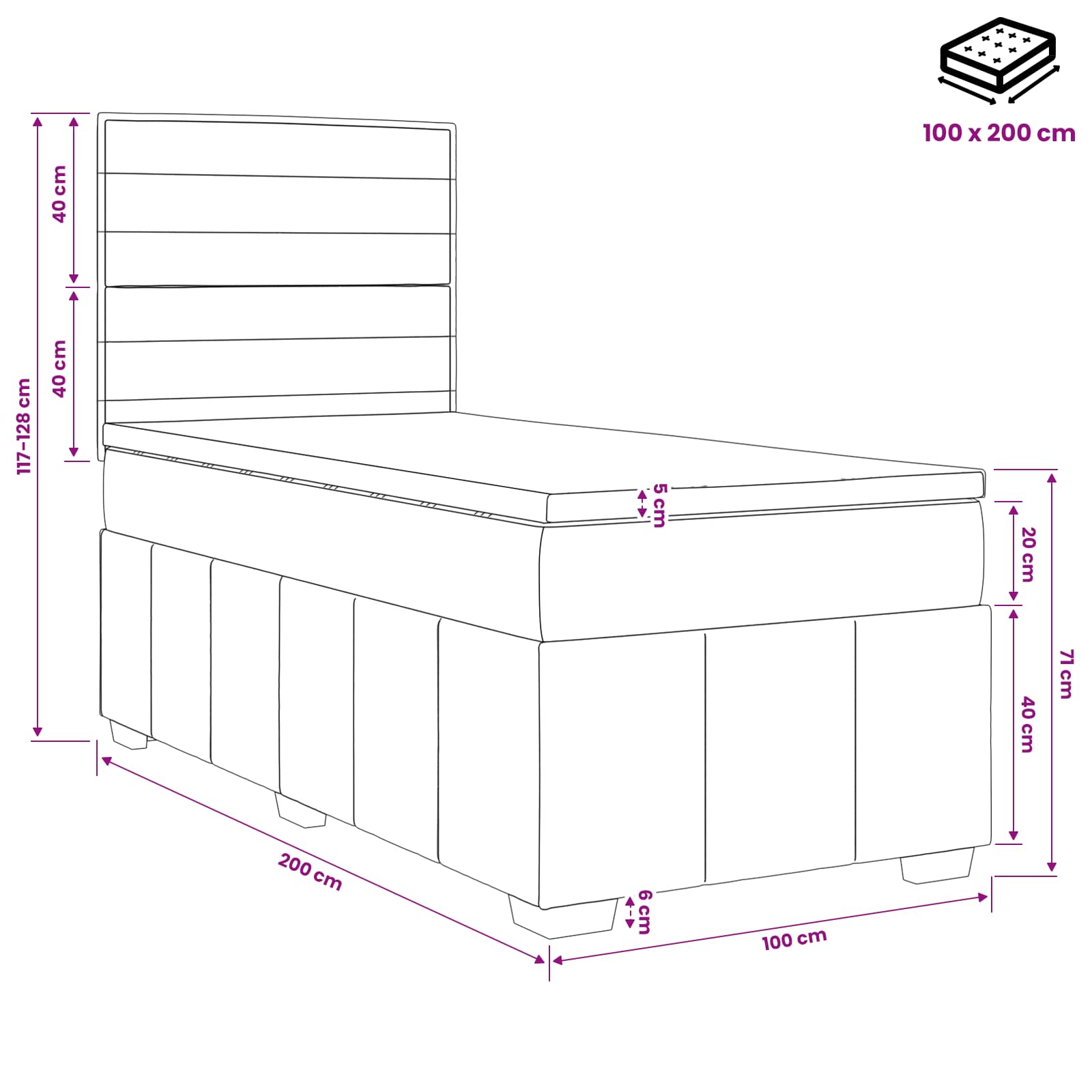 Lit boxspring LED avec matelas Gris clair 100 x 200 cm Tissu - XIOS