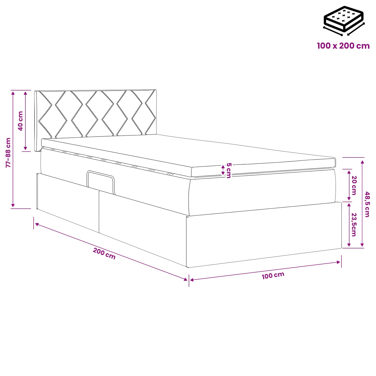 Lit de Rangement Gris clair 100 x 200 cm Velours - XIOS