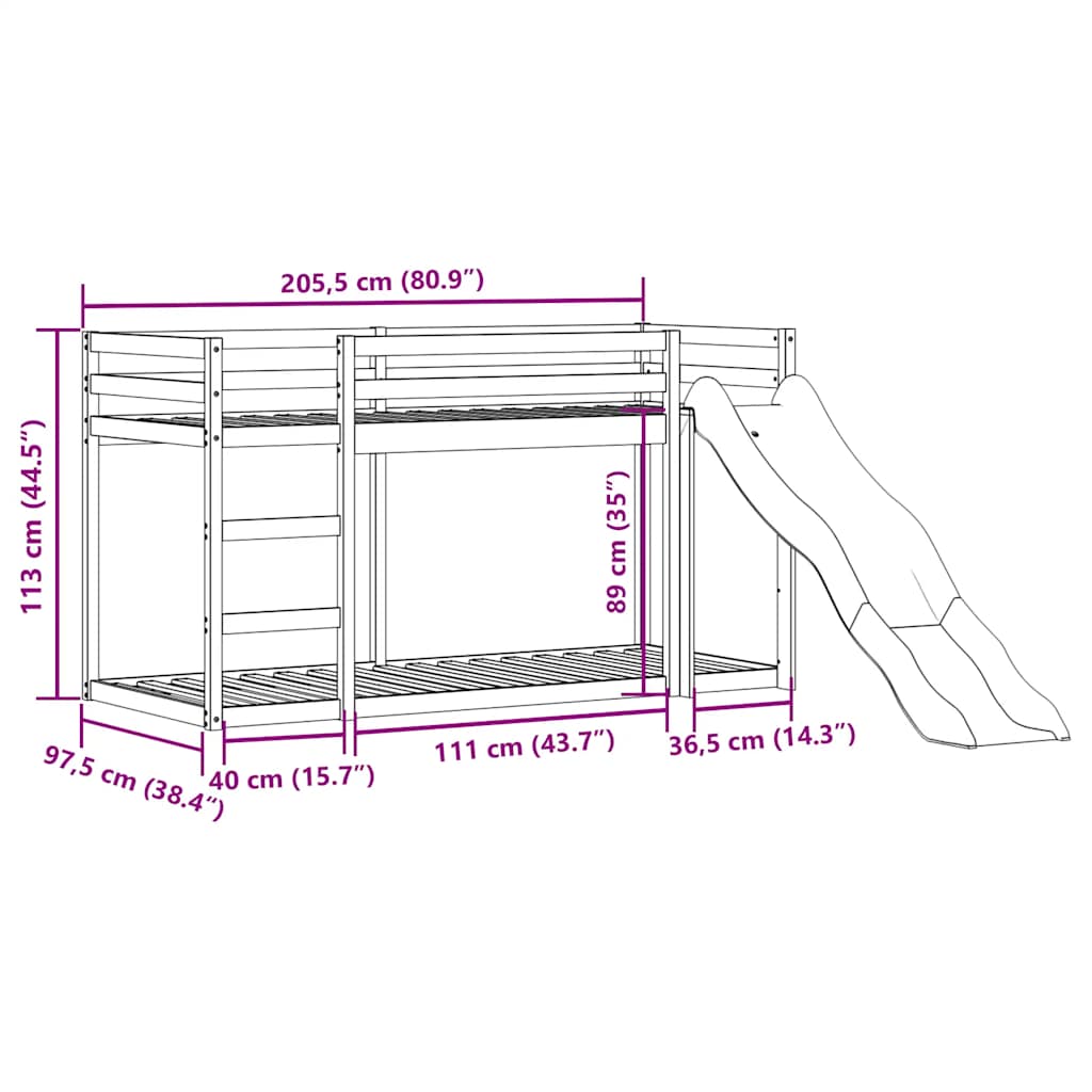 Lit superposé avec toboggan et échelle sans matelas 90x200 cm - XIOS