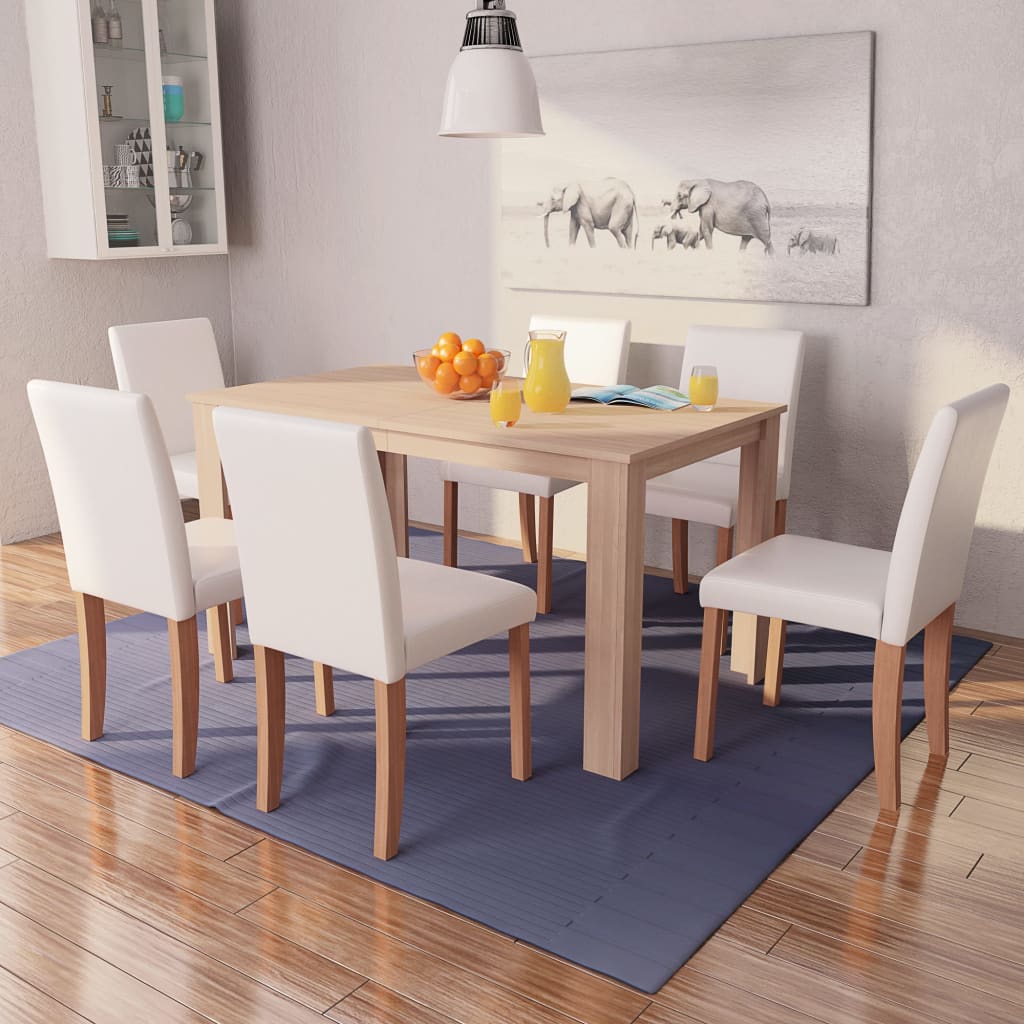 Table et chaises 7 pcs Cuir synthétique Chêne Couleur crème Meubles de salle à manger vidaXL   
