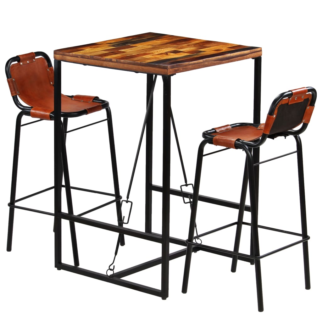 Ensemble de bar 3 pcs Bois massif recyclé et cuir de chèvre Meubles de salle à manger vidaXL   