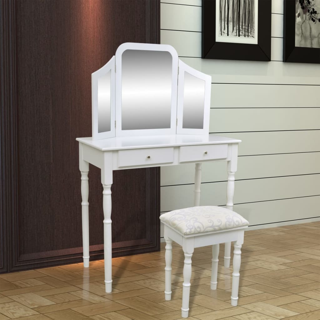 Coiffeuse avec miroir et tabouret 2 tiroirs Blanc Coiffeuses vidaXL   