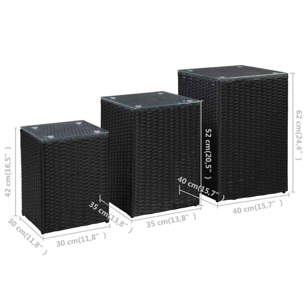 Tables d'appoint 3 pcs et dessus en verre Noir Résine tressée Tables d'appoint vidaXL   