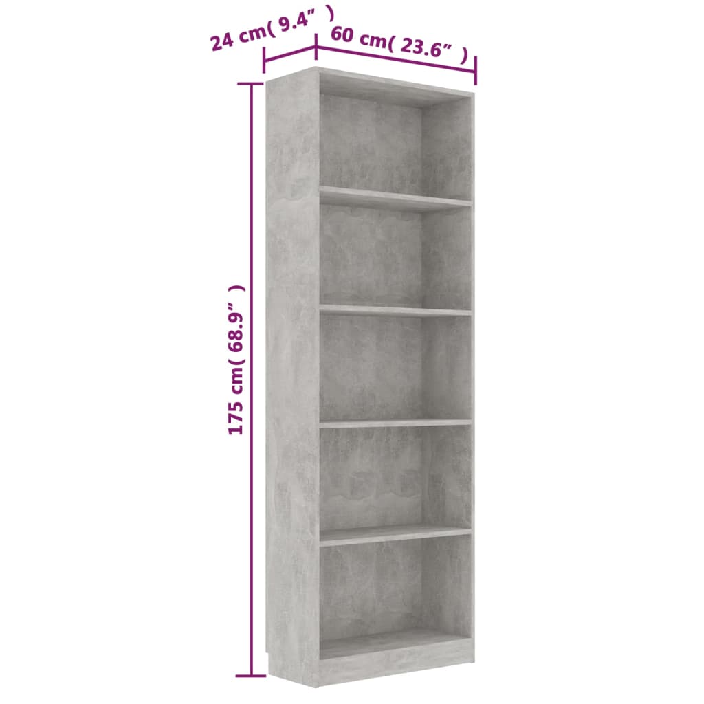 Bibliothèque à 5 niveaux Gris béton 60x24x175 cm Aggloméré Bibliothèques vidaXL   
