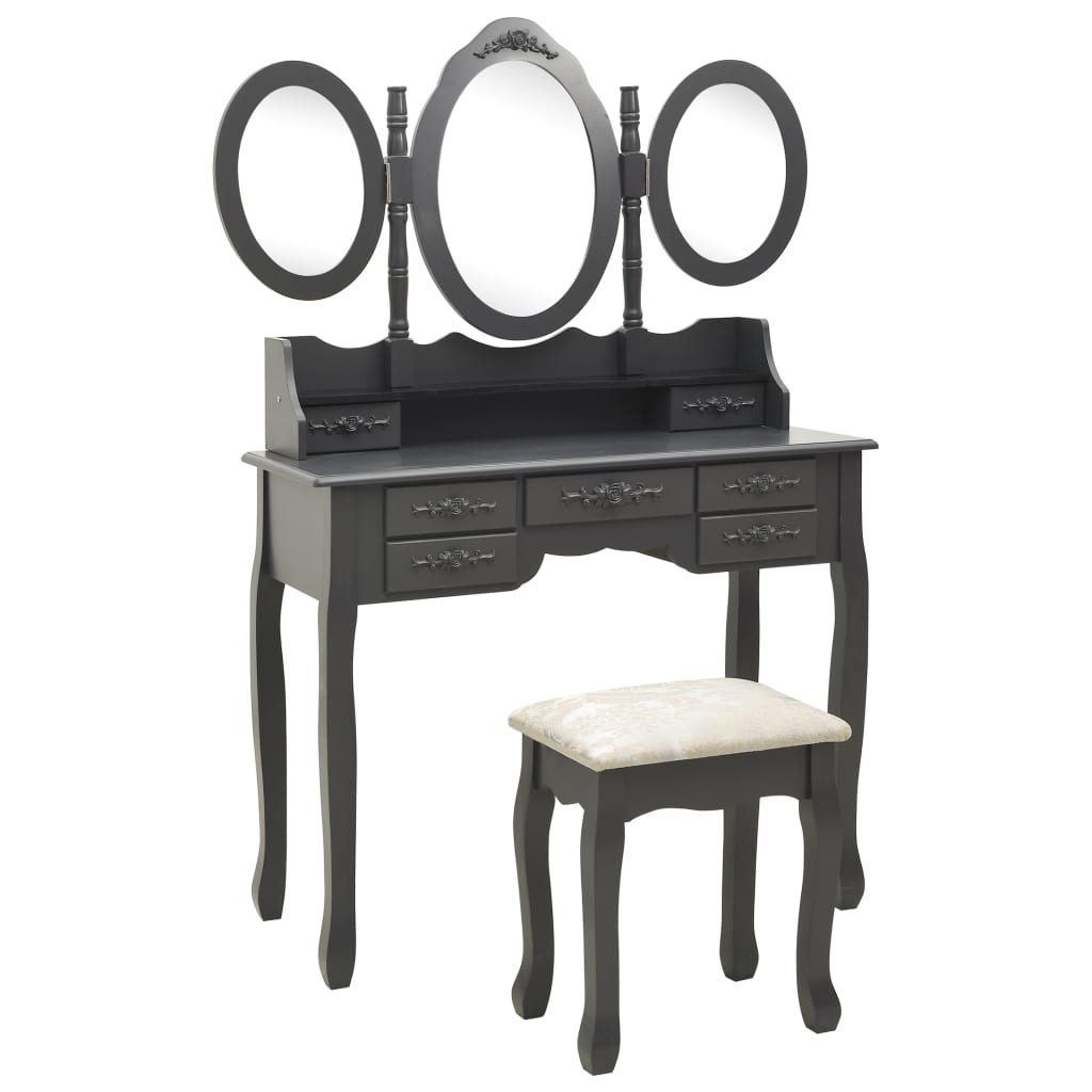 Coiffeuse avec tabouret et miroir pliable en 3 Gris Coiffeuses vidaXL   