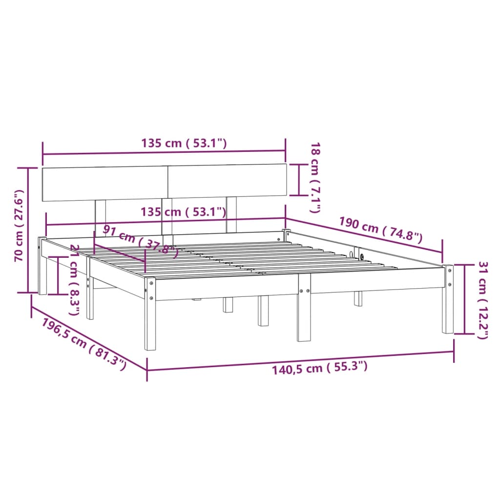 Cadre de lit Noir Bois de pin massif 135x190 cm UK double Lits & cadres de lit vidaXL   