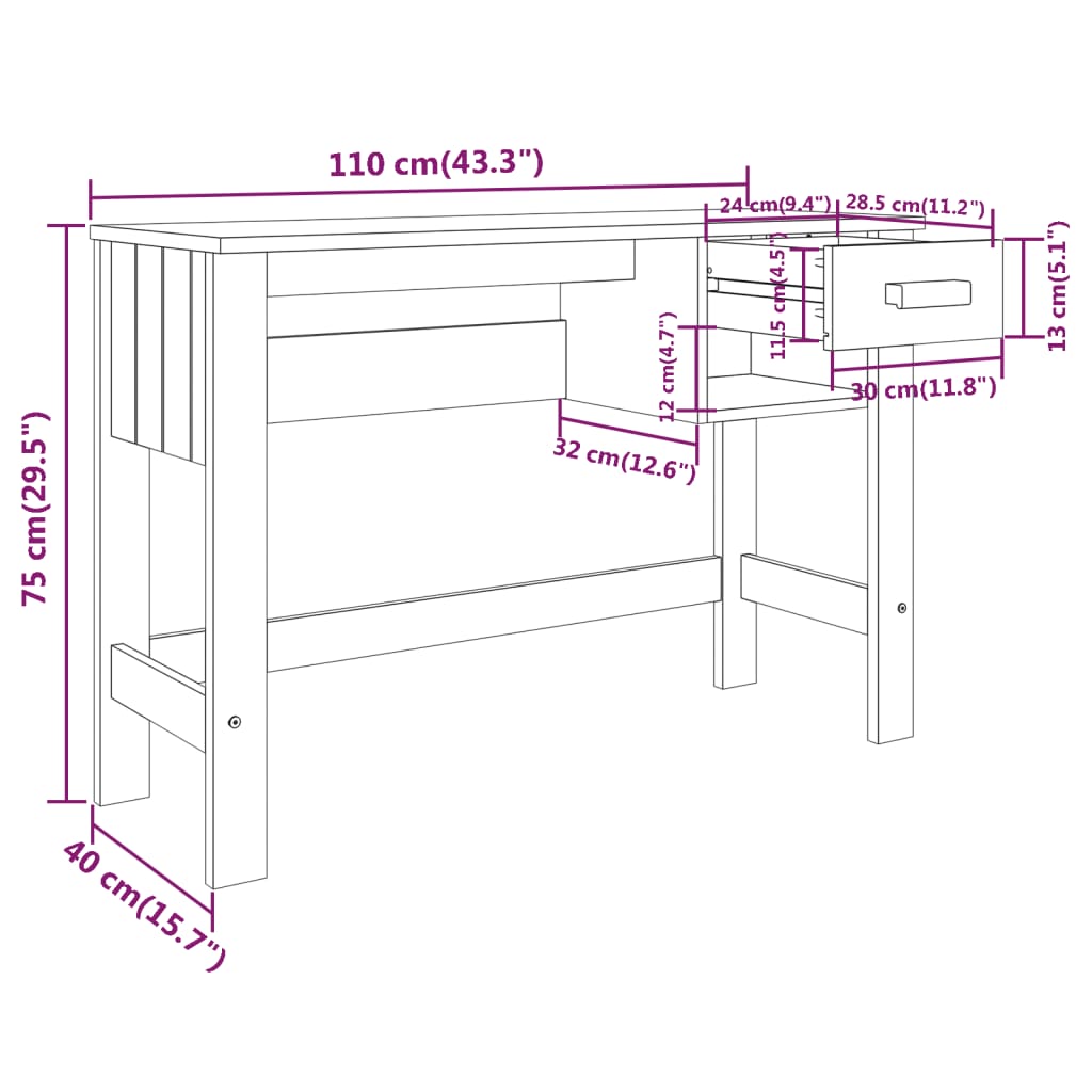 Bureau HAMAR Gris foncé 110x40x75 cm Bois massif de pin Bureaux vidaXL   