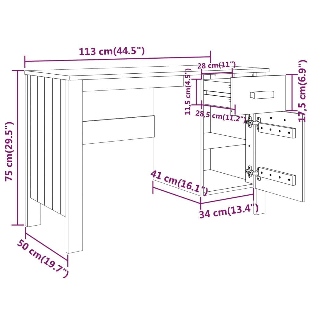 Bureau HAMAR Gris clair 113x50x75 cm Bois massif de pin Bureaux vidaXL   