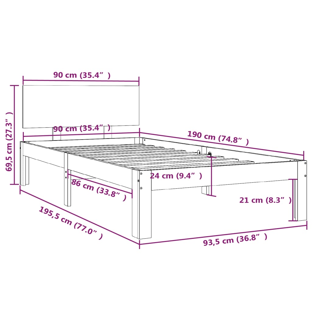 Cadre de lit bois massif 90x190 cm simple Lits & cadres de lit vidaXL   