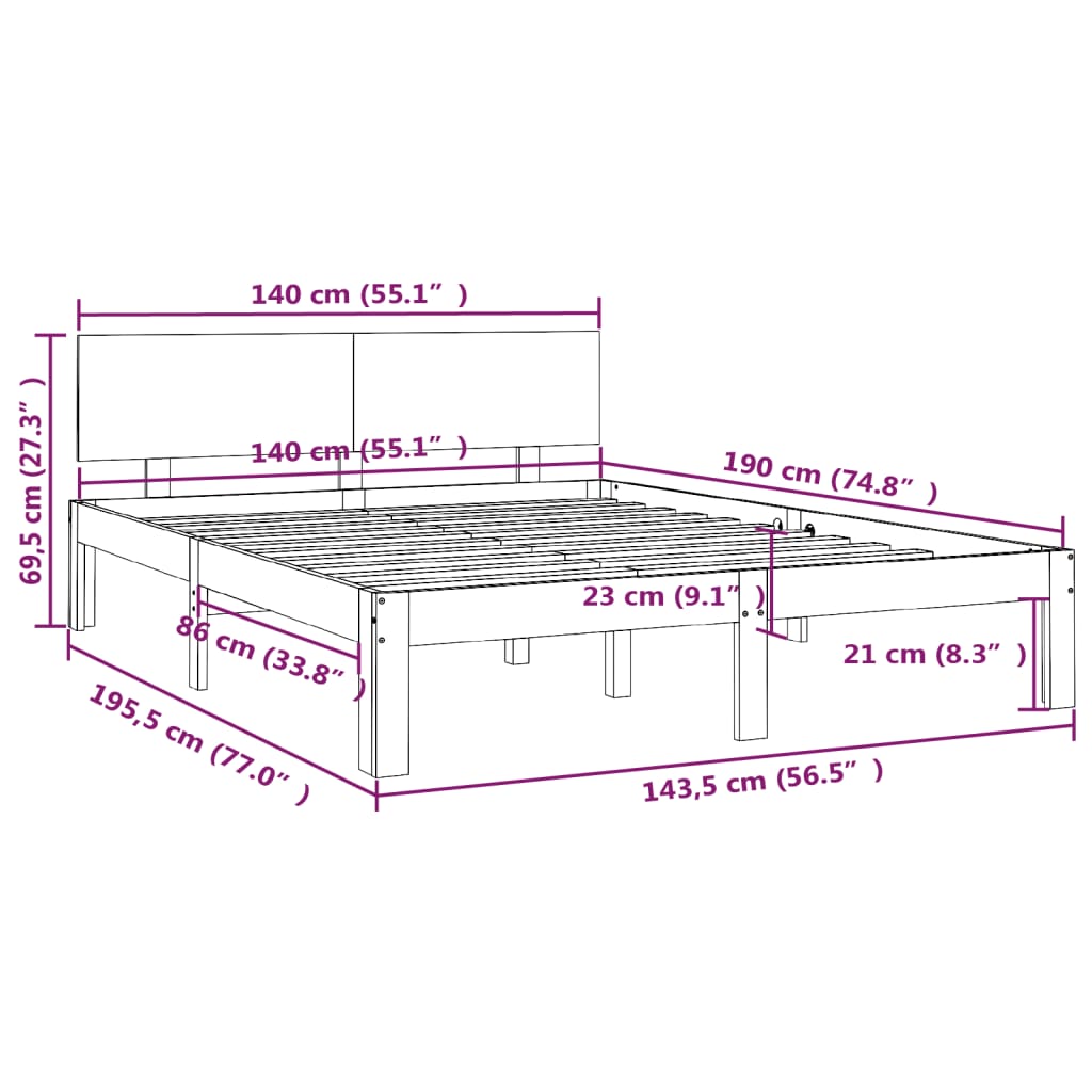 Cadre de lit Bois de pin massif 140x190 cm Lits & cadres de lit vidaXL   
