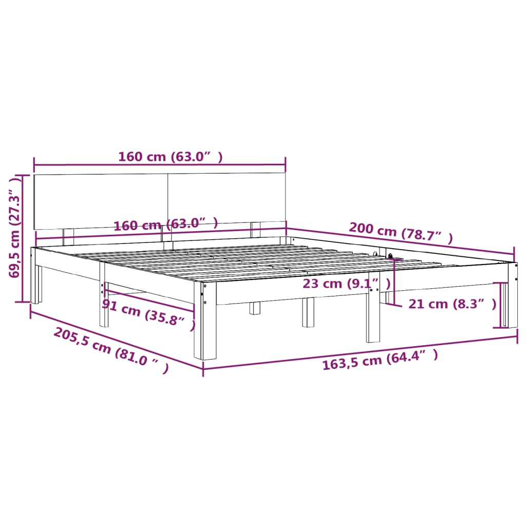 Cadre de lit Blanc Bois de pin massif 160x200 cm Lits & cadres de lit vidaXL   