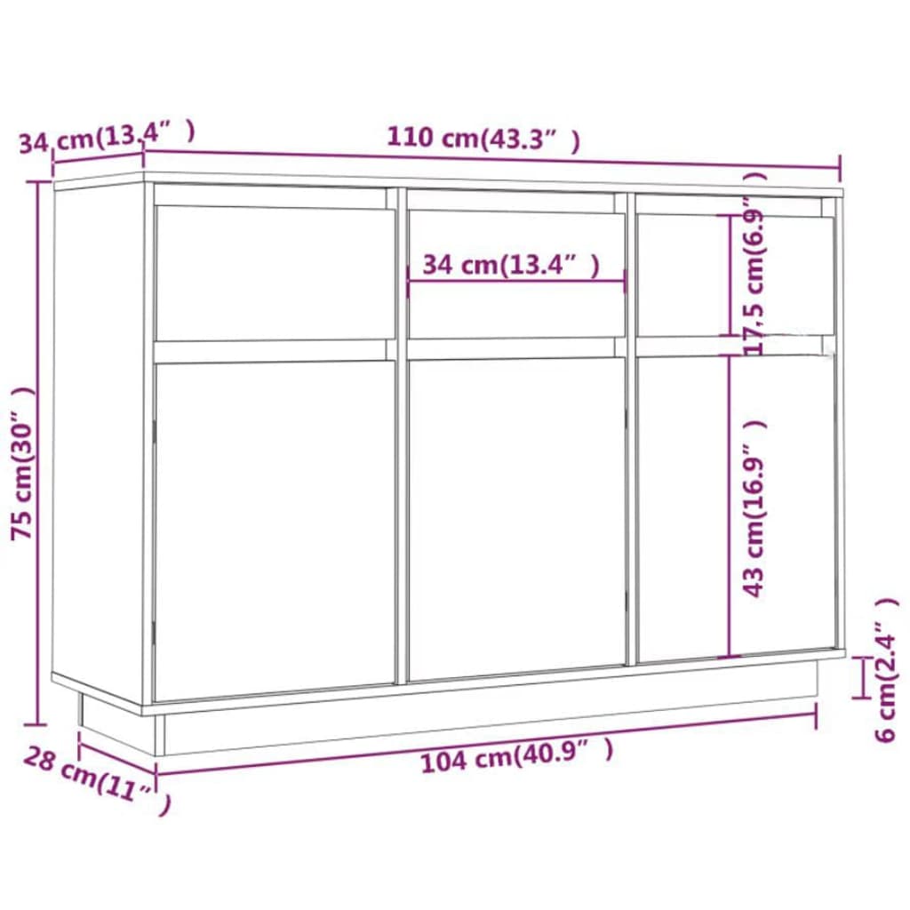 Buffet blanc 110x34x75 cm bois massif de pin Buffets & bahuts vidaXL   