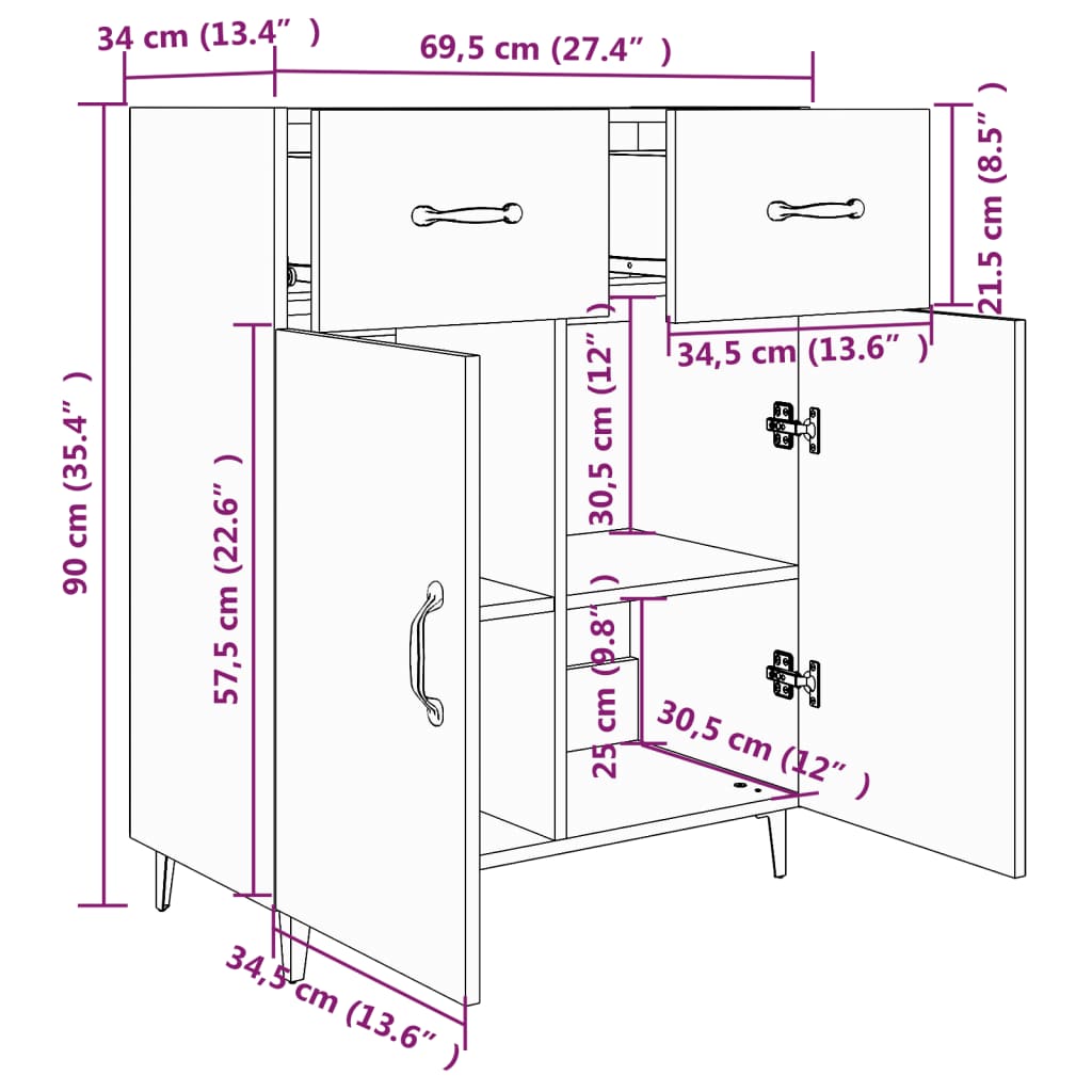 Buffet chêne fumé 69,5x34x90 cm bois d'ingénierie Buffets & bahuts vidaXL   