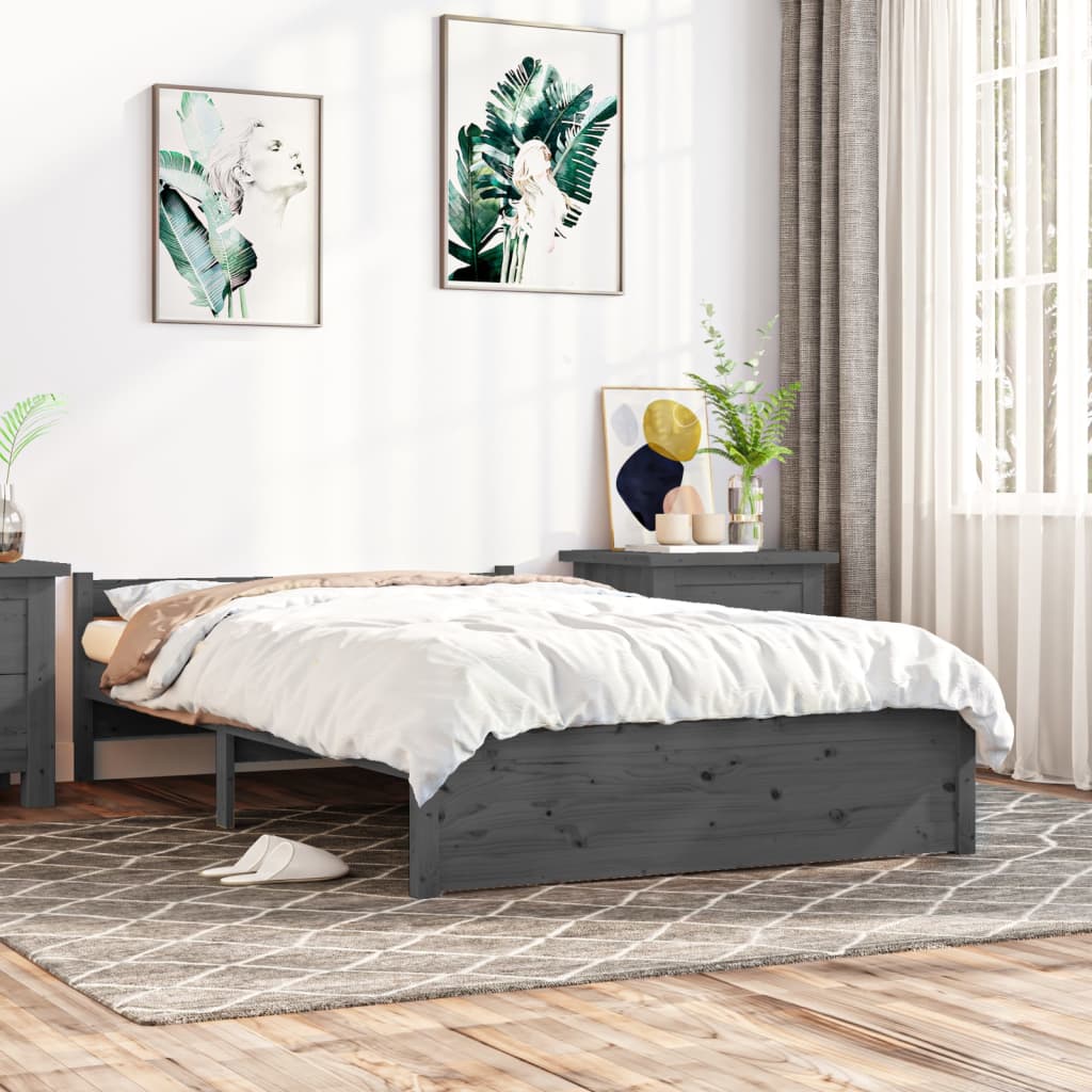 Cadre de lit Gris Bois massif 135x190 cm Double Lits & cadres de lit vidaXL   
