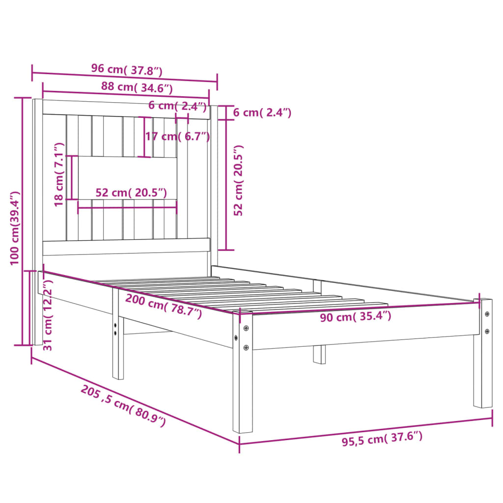 Cadre de lit Blanc Bois de pin massif 90x200 cm Lits & cadres de lit vidaXL   