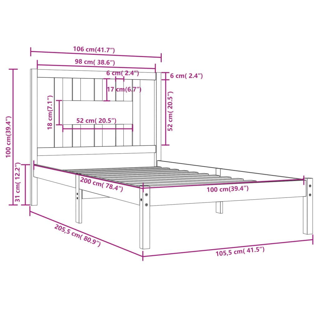 Cadre de lit Bois de pin massif 100x200 cm Lits & cadres de lit vidaXL   