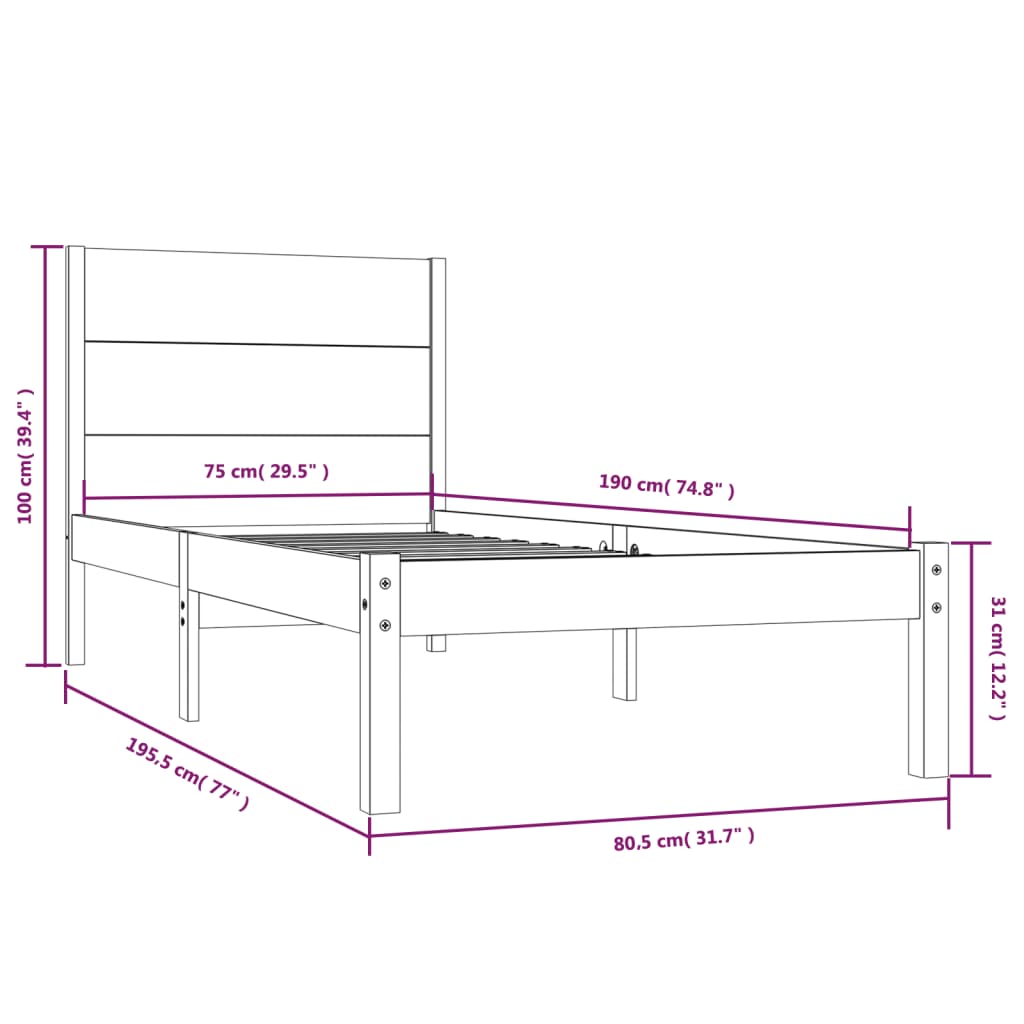 Cadre de lit Blanc Bois massif 75x190 cm Petit simple Lits & cadres de lit vidaXL   