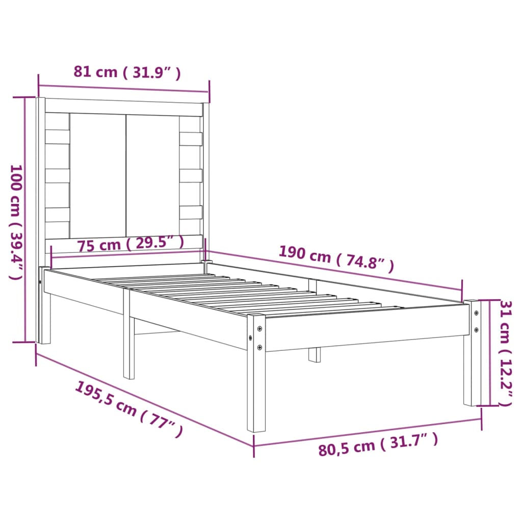 Cadre de lit Blanc Bois massif 75x190 cm Petit simple Lits & cadres de lit vidaXL   