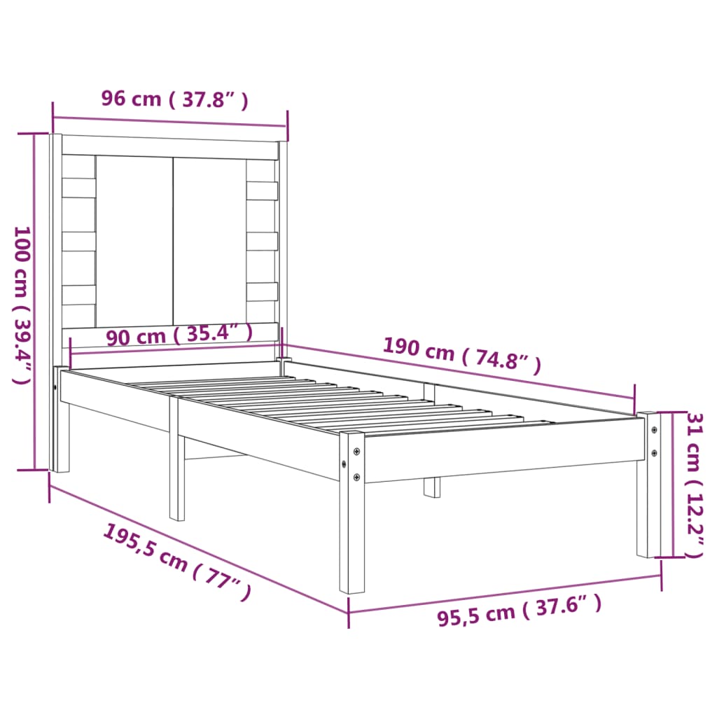 Cadre de lit bois massif 90x190 cm simple Lits & cadres de lit vidaXL   