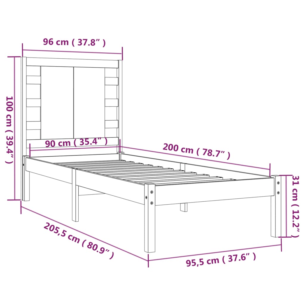 Cadre de lit Bois de pin massif 90x200 cm Lits & cadres de lit vidaXL   