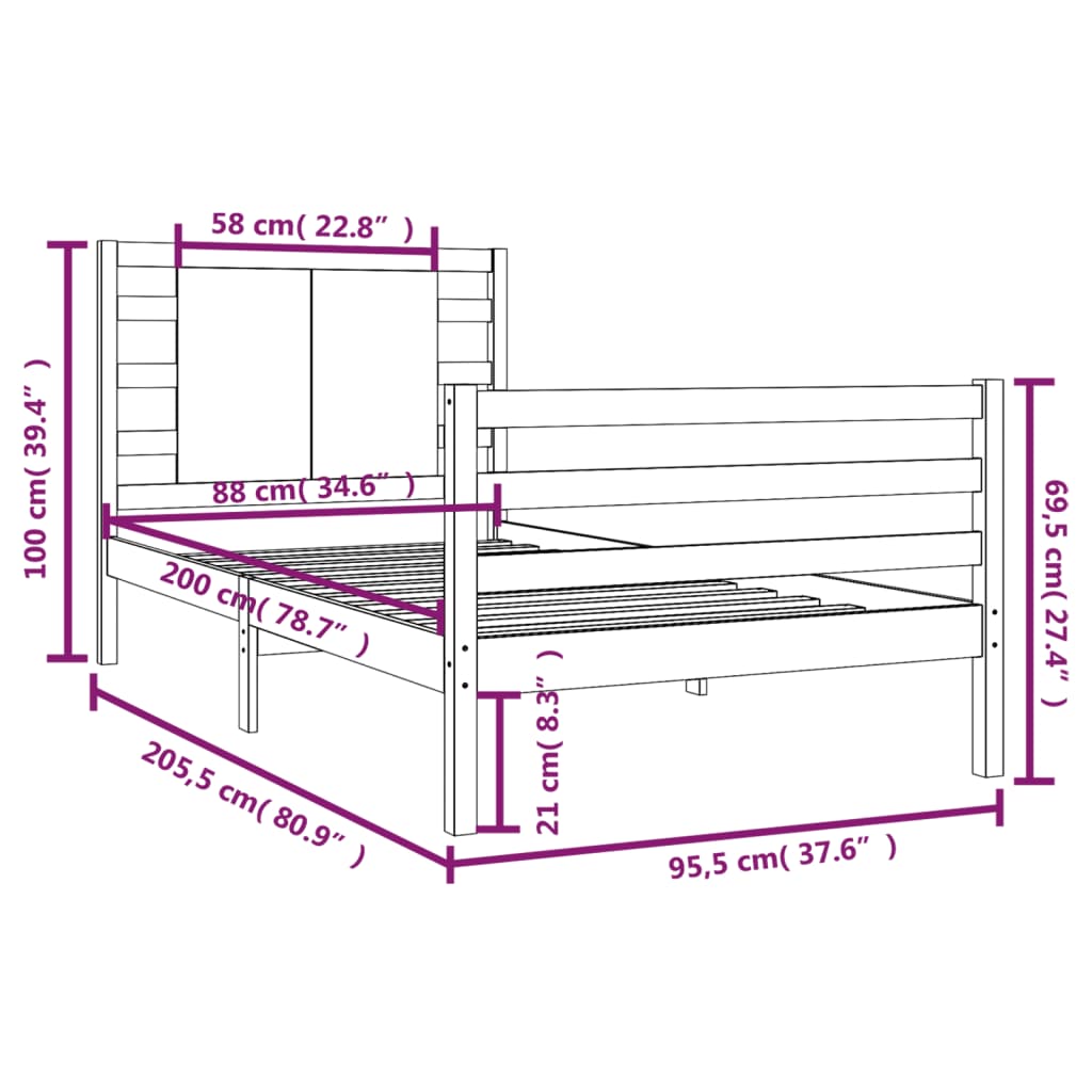 Cadre de lit Bois de pin massif 90x200 cm Lits & cadres de lit vidaXL   