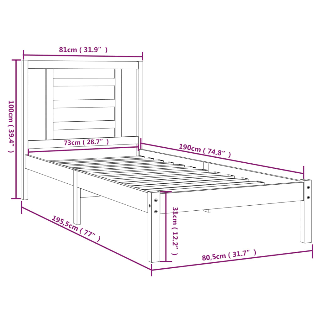 Cadre de lit Blanc Bois massif 75x190 cm Petit simple Lits & cadres de lit vidaXL   