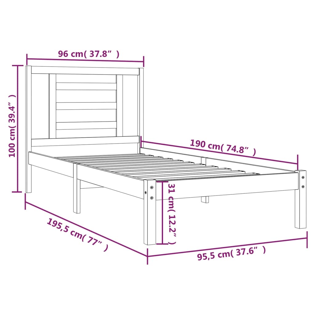 Cadre de lit bois de pin massif 90x190 cm simple Lits & cadres de lit vidaXL   