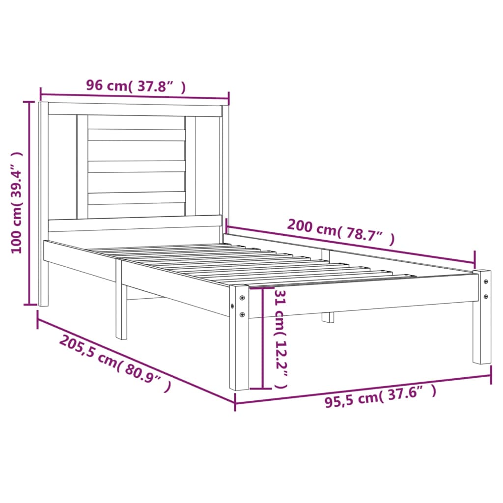 Cadre de lit Blanc Bois de pin massif 90x200 cm Lits & cadres de lit vidaXL   
