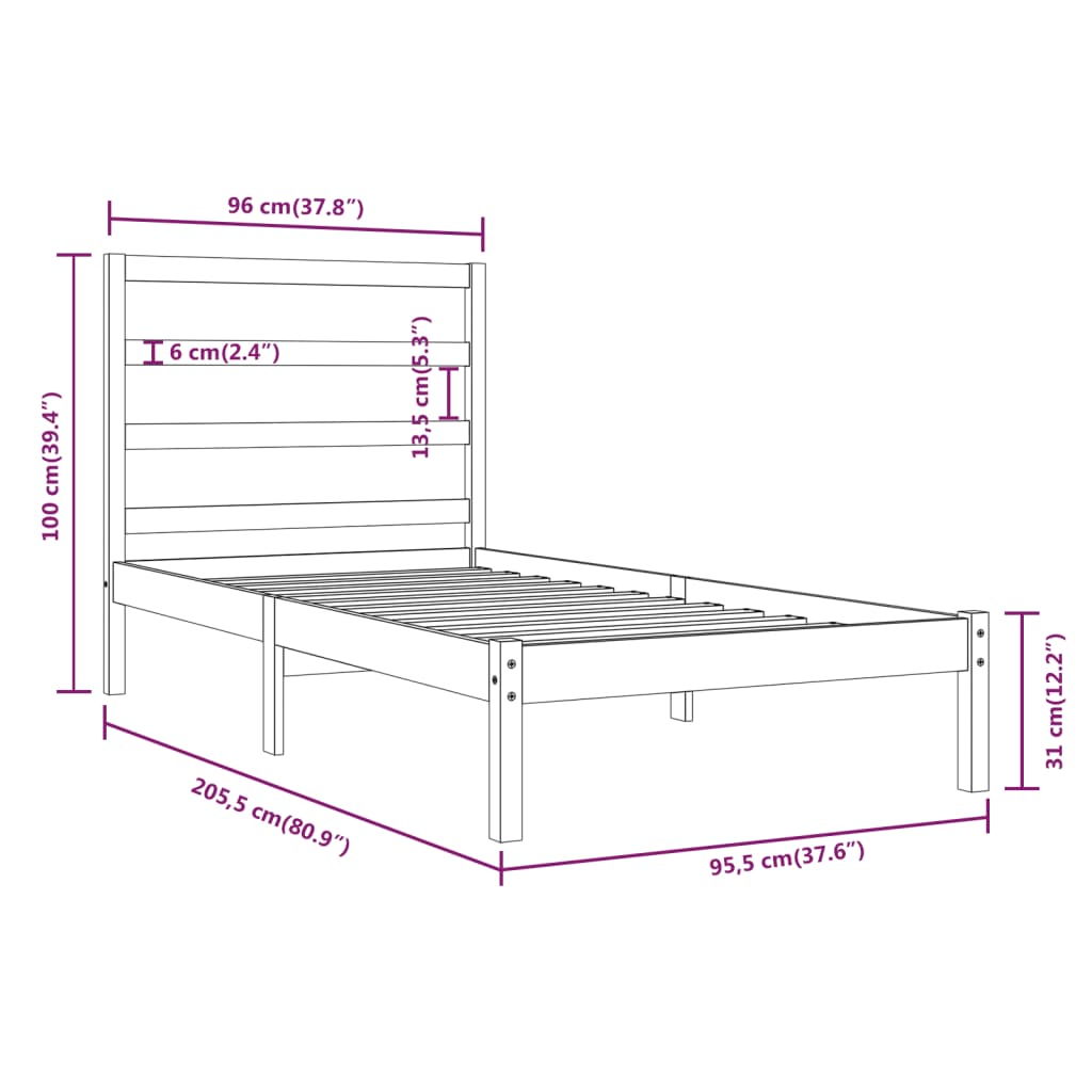 Cadre de lit Bois de pin massif 90x200 cm Lits & cadres de lit vidaXL   