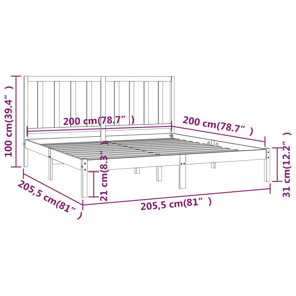 Cadre de lit Noir Bois de pin massif 200x200 cm Lits & cadres de lit vidaXL   