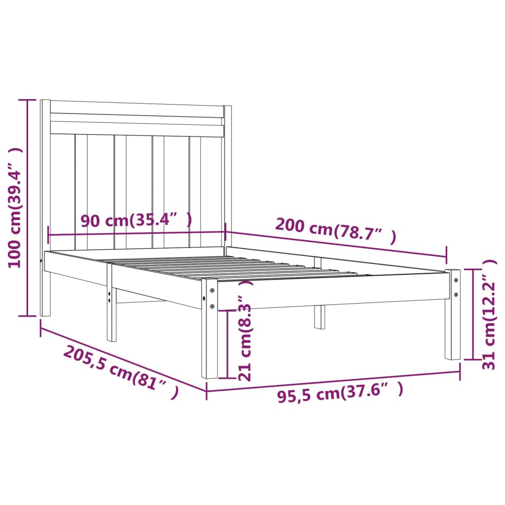Cadre de lit Bois massif 90x200 cm Lits & cadres de lit vidaXL   